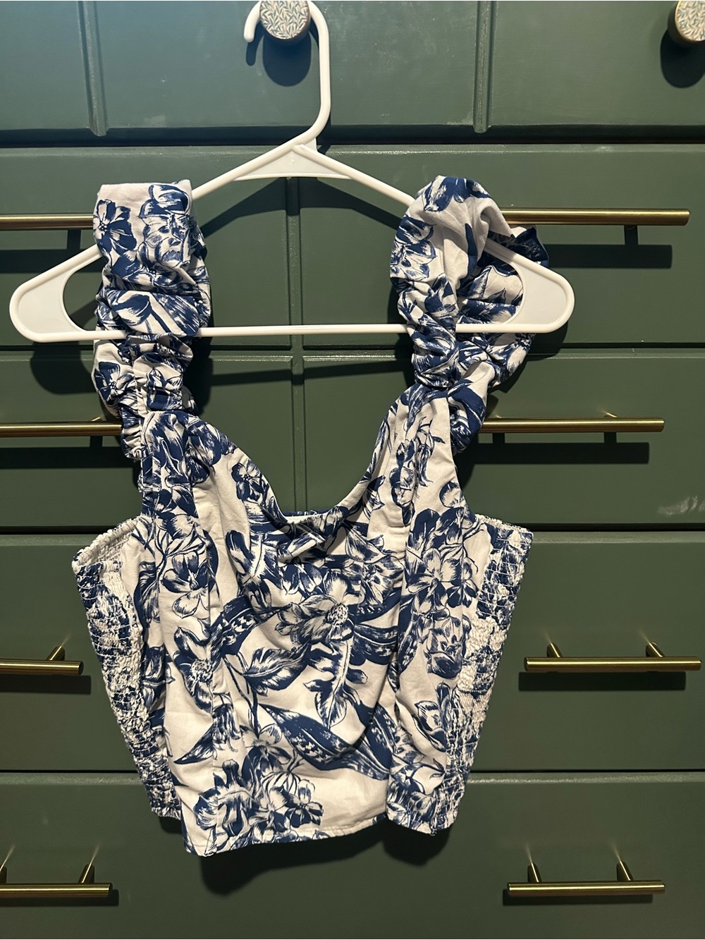 Abercrombie & Fitch White and Blue Floral Ruffle Strap Crop Top